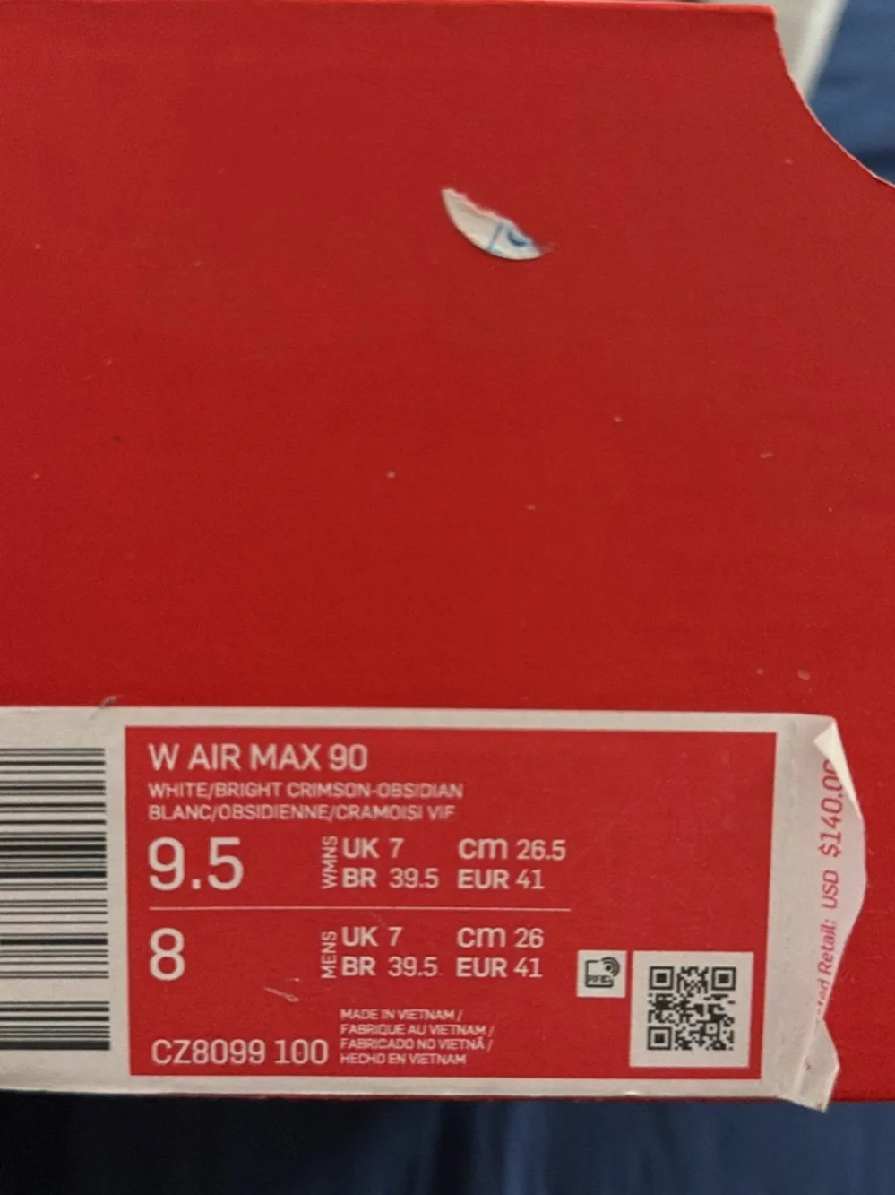 Nike Air Max 90 White, Crimson & Black Box Label